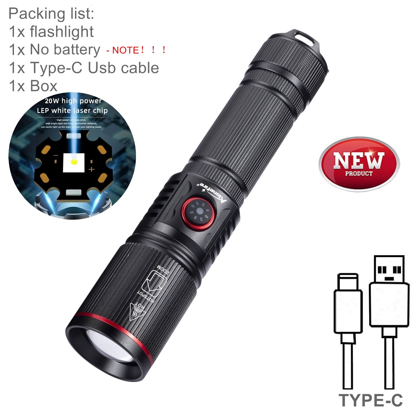 20W Zoom Round Beam Light LED High Power flashlight USB Rechargeable Torch Camping Outdoor Hunting Fishing Walking Lighting Lamp