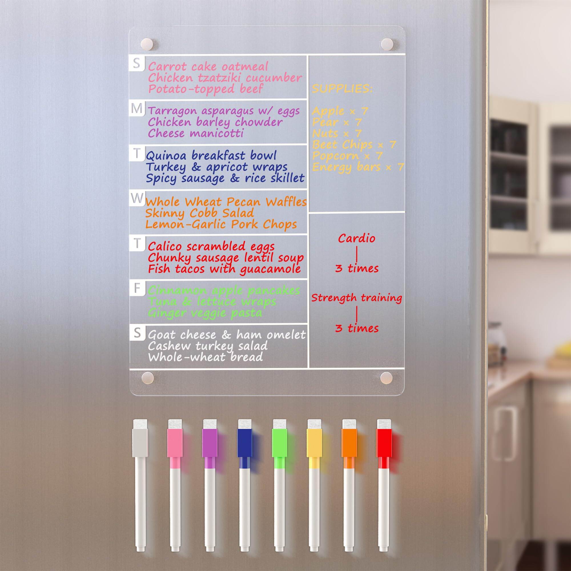 Acrylic Meal Planner Magnetic Menu Board for Kitchen Fridge w/ 8 Markers Clear Refrigerator Weekly Dry Erase Calendar Planning