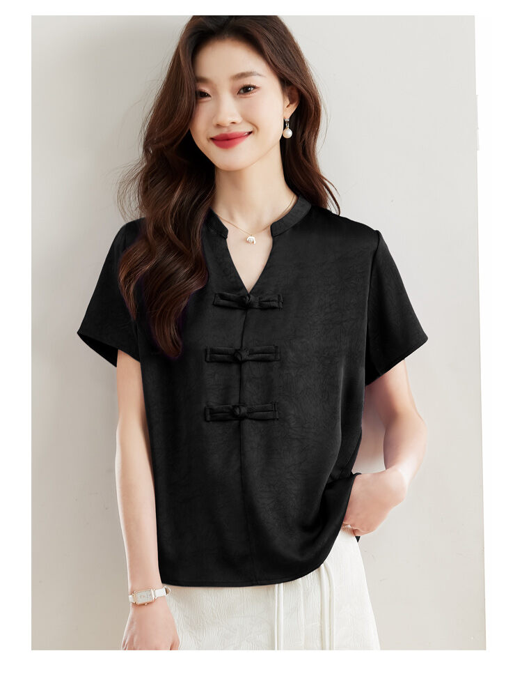 New Chinese Style Short Sleeve Shirt Women Summer 2025 New Fashion Black Embroidered Top Ladies Small Shirt Upper Body