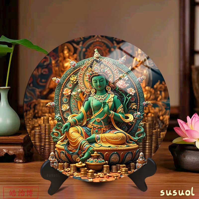 Green Tara Circular Wooden Display Case Home Decoration