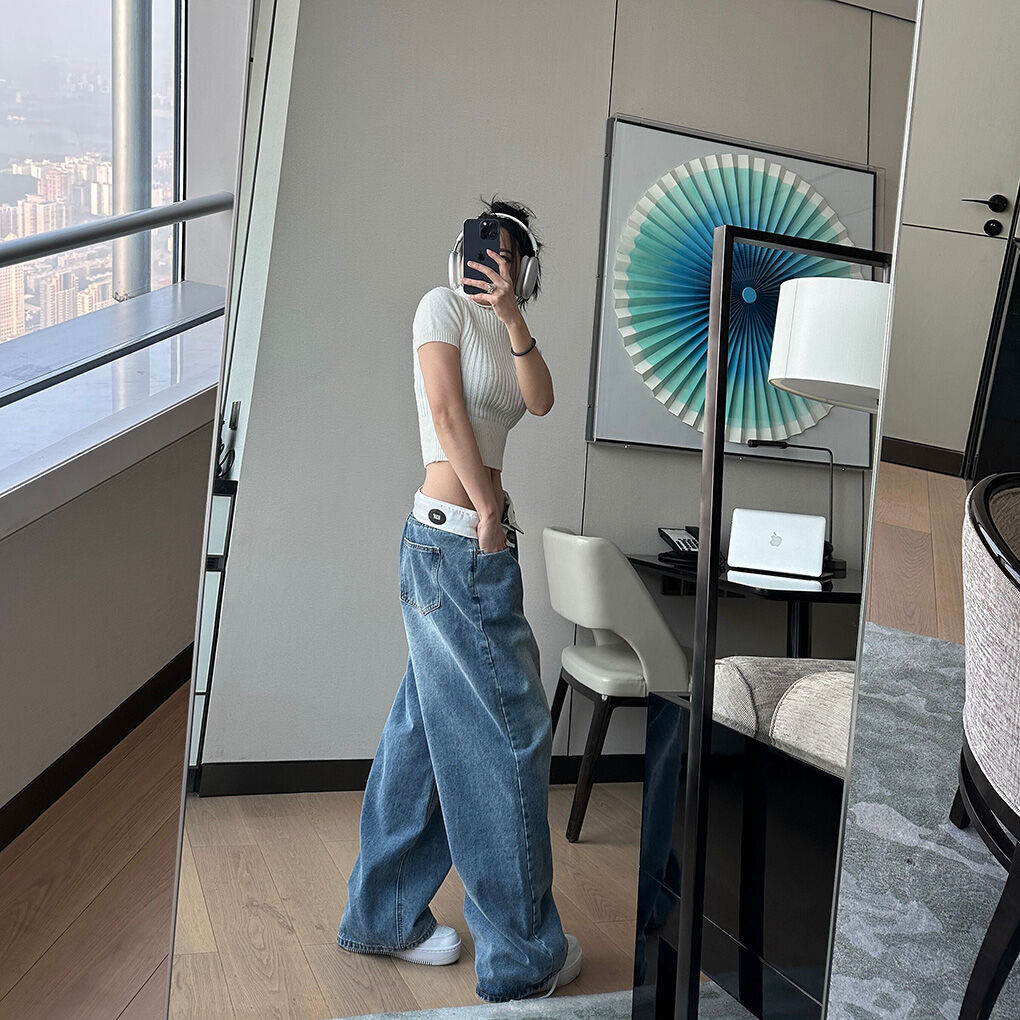 DQSTORE Jeanshose für Damen mit hoher Taille und weitem Bein, hellfarbiges Baumwollmaterial, Frühlings- und Sommersaison, ideal für Geburtstagsfeiern von 18-24
