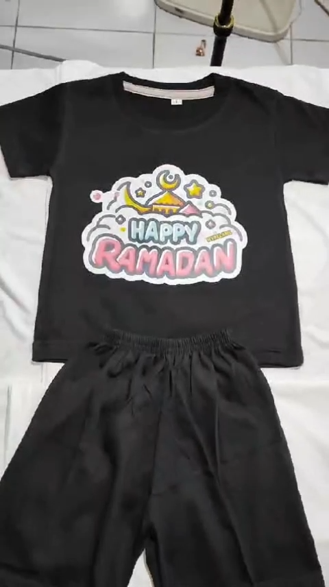Baju Kaos Setelan Motif Happy Lebaran Distro Anak Laki Laki Edisi Ramadan Muslim Import 1 - 10 Tahun