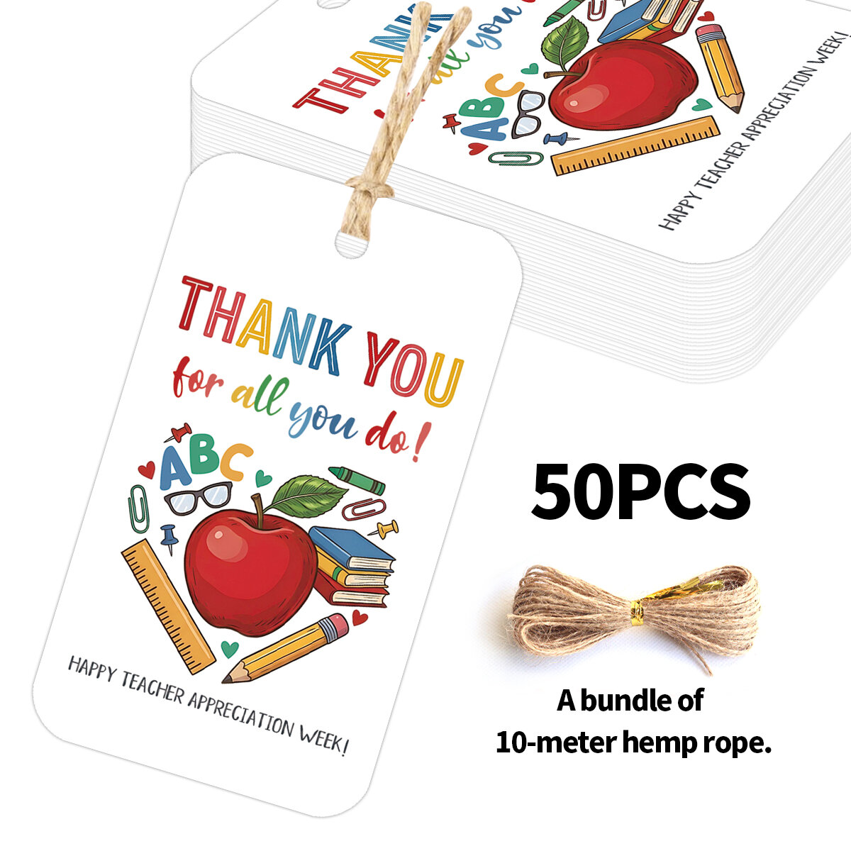50pcs Teacher Appreciation Tags With Hemp RopeThank You Hanging Label For Teacher GiftBack To SchoolGraduation Greeting Cards