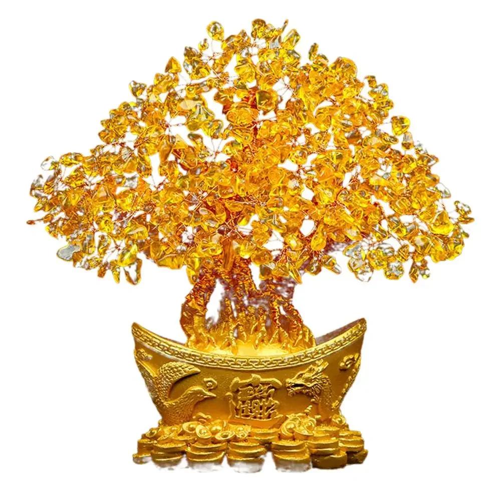 Lucky Money Tree Chinese Gold Ingot Crystal Fortune Tree Ornament Wealth Ornament Home Office Table Decoration Tabletop Crafts