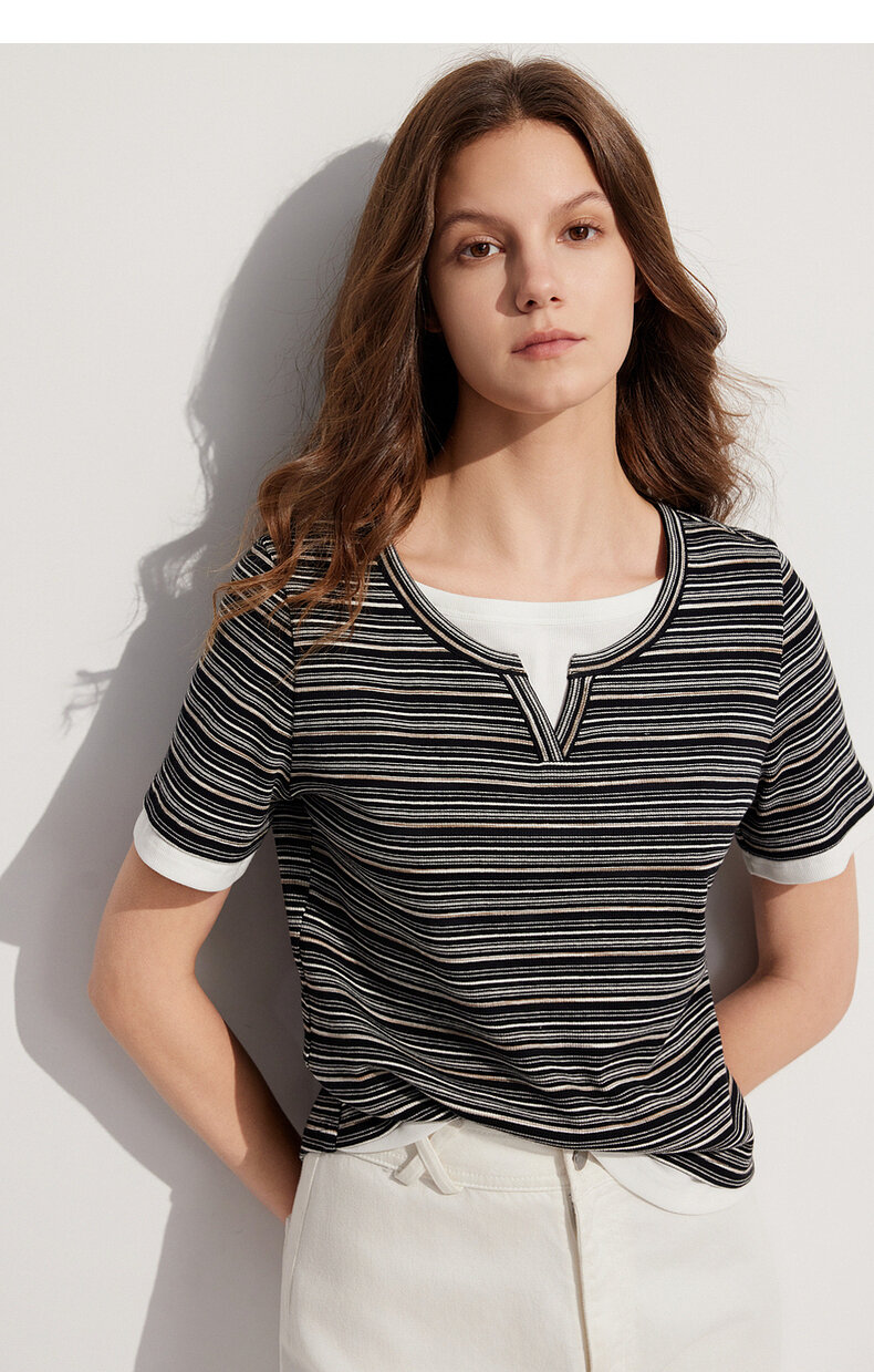 ELLE French Design Splice Color Striped Short Sleeve T-shirt for Women Simple Casual Summer 2024 New Arrival