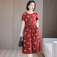 Elegant Pure Cotton Silk Dress for Middle-Aged And Elderly Women Summer Floral Print A-Line Skirt with Pockets Mommy Dress