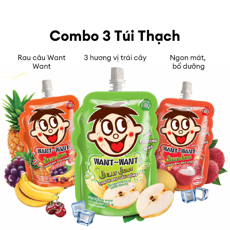 Combo 3 Túi Thạch Rau Câu Uống Want Want Jelly Juice 3 Hương Vị 150g, Thức Uống Trái Cây Bổ Sung Dinh Dưỡng