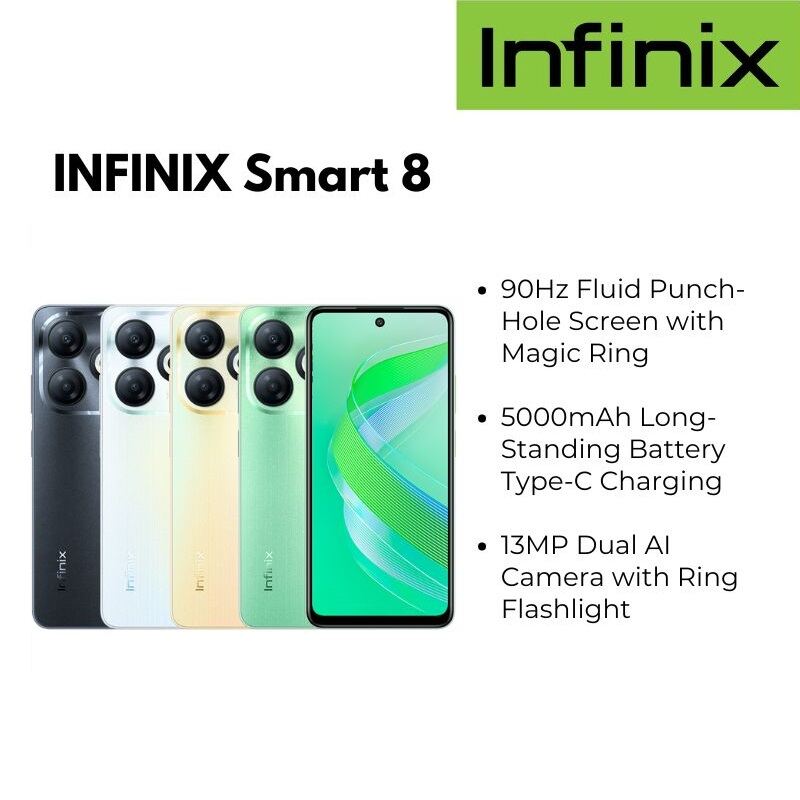 Infinix Smart 8 Smartphone 5000mAh Battery 13 MP Dual AI Camera 200% Volume - ยี่ห้อ Infinix ราคา 2,590 บาท*ส่งฟรี