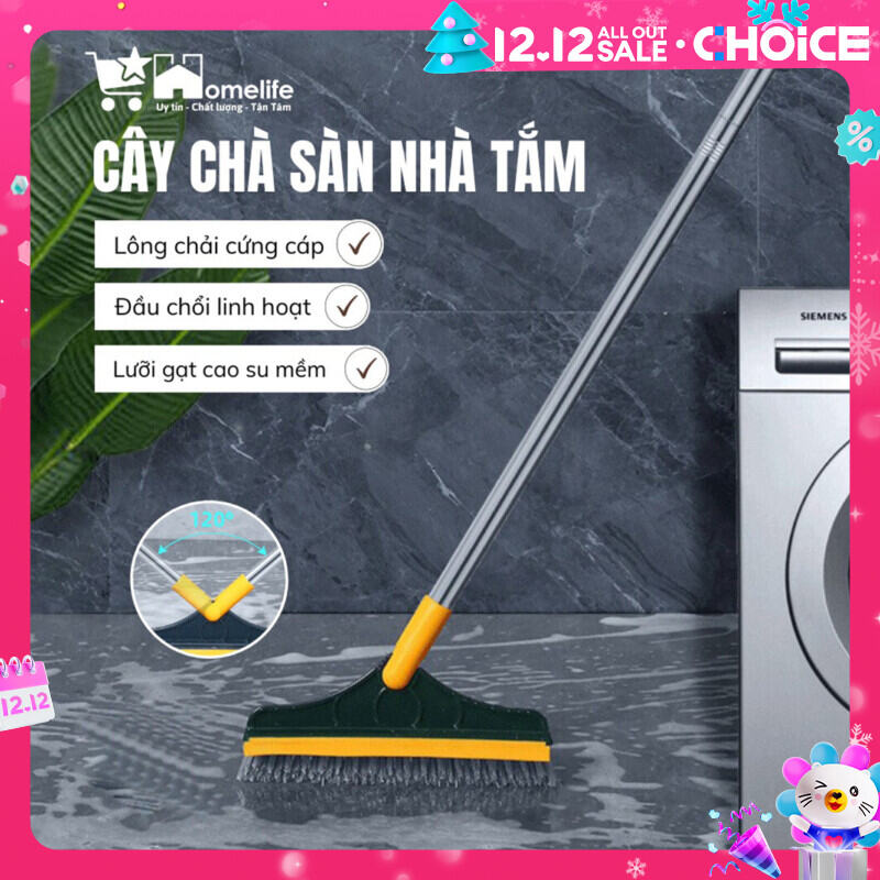 Chổi Chà Sàn Nhà Tắm 2 in 1 Thiết Kế Đầu Gạt Gước - Cây Chà Sàn Thông Minh Xoay 120 Độ Quét Nhà Sạch Mọi Góc Bẩn