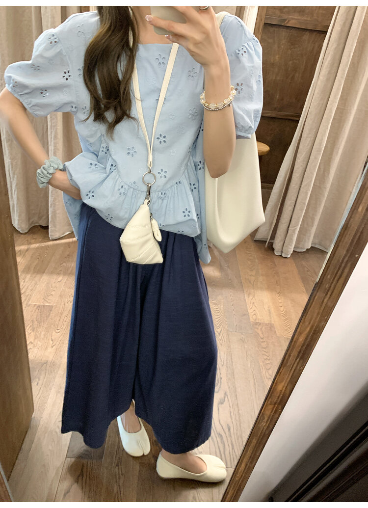 FF BLUE Summer Sunlight Cotton Embroidered Shirt Loose Short Sleeve Women's Casual Style round Neck Casual Fit Short Sleeve Top