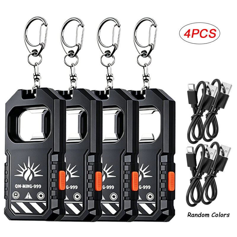 2Pcs Portable LED COB Keychain Flashlight USB Rechargeable Torch Mini Outdoor Working Light with Bottle Opener Emergency Lantern
