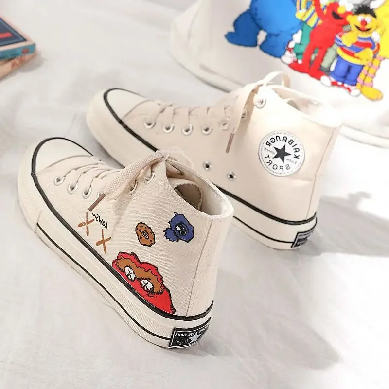 Sesame Street Hand-Painted High-Top Canvas Shoes Women 'S Korean-Style Ulzzang Fashionable Graffiti All-Matching Ins Board Shoes Women 'S Student Cloth Shoes