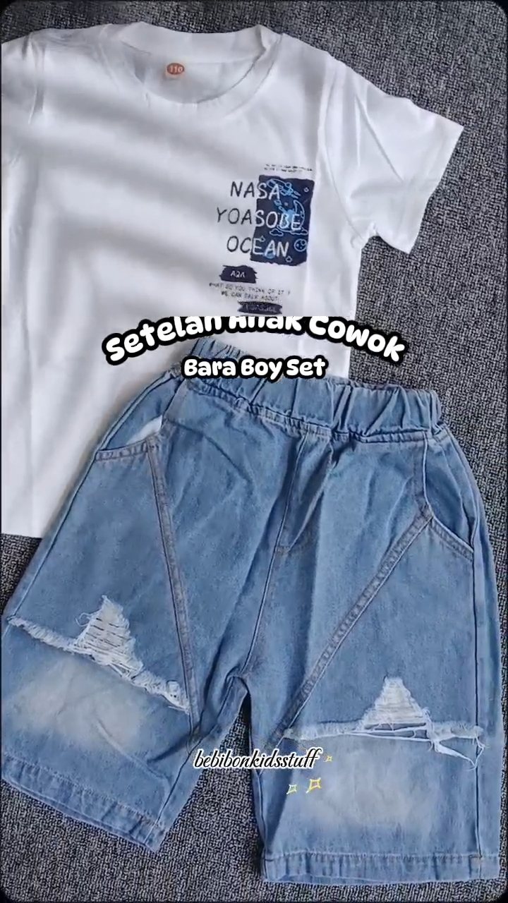 BARA BOY SET Setelan Anak Laki laki Baju Anak Import impor Casual Trendy Celana Jeans Pendek + Baju Kaos Lengan pendek Usia 3 Tahun - 7 Tahun