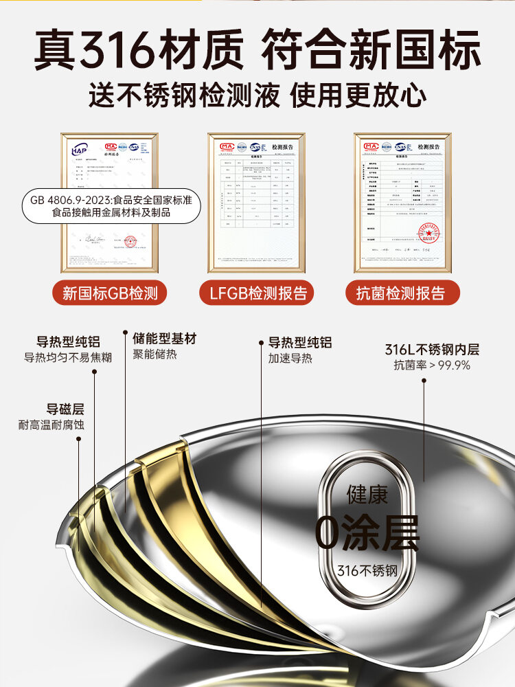 Stainless Steel Non-Stick Wok 316 No Oil Smoke Household Gas And Induction Cooktop Suitable Rust Resistant Easy to Clean Wok. 