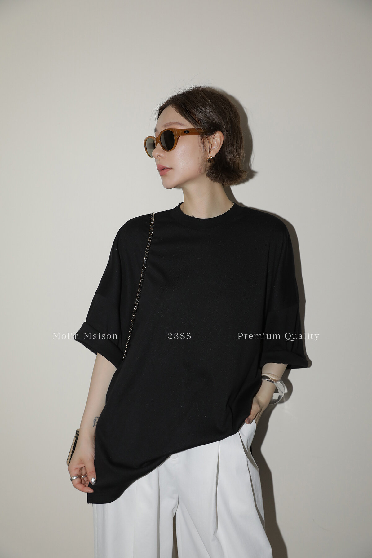 Molin ROW Batwing Sleeve T-Shirt Women's Loose Side Slit Oversize Summer Short Sleeve Cotton Polyester Blend round Neck Top