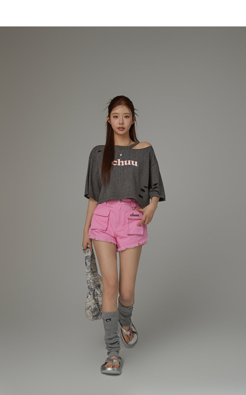 Chuu Letter Patch Embroidery Hole T-Shirt Women's Summer New Basic School Hollow out Shoulder Loose Top Asymmetrical Korean Style Cotton Polyester · v2