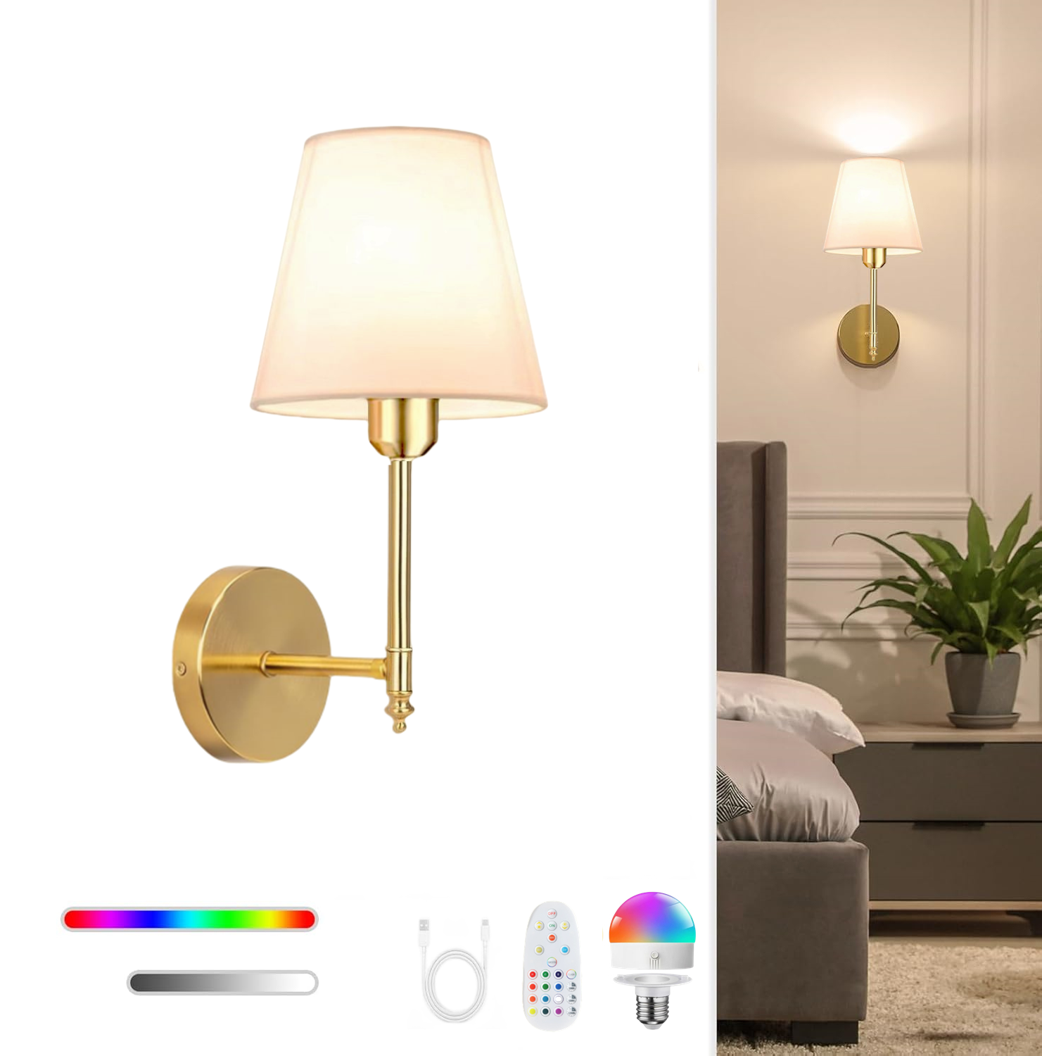Wireless Rechargeable Battery-Powered Wall Light with 4000 Mah Dimmable Detachable Bulb and Remote Control 15-Color Wireless Wall Lamp Suitable for Bedroom Living Room Hallway Decoration