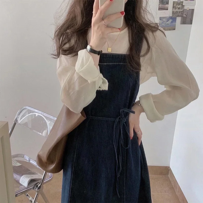 Autumn New Denim Brace Dress Suit Women's Hong Kong Style Retro Western Style Small Look Tall Fried Street Two-Piece Suit