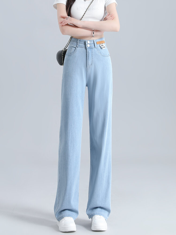 Summer Thin Casual Fashion High Waist Straight Leg Light Blue Ice Silk Women's Jeans West GL Wide Leg Pants Lenzing Lyocell. 