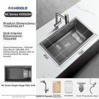 HIGOLD | Durable Quartz Kitchen Sink Double Residue Collection Large Single Basin with Step Design