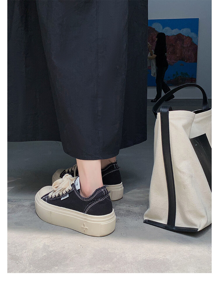 Women's Low Top round Toe Laced Canvas Shoes Thick Bottom Cross Pattern White Sneakers Worn in Dirty Looking Shoes · v11