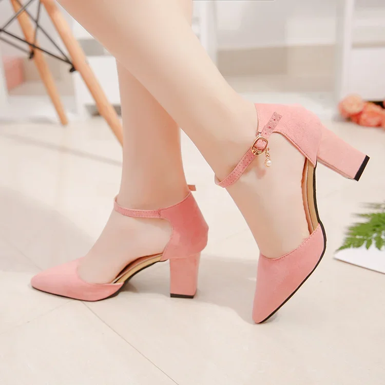 2021 Summer New Buckle High Heel Shoes Chunky Heel Pointed Korean Style Hollowed Sandals Women Suede Low-Cut Work Shoes