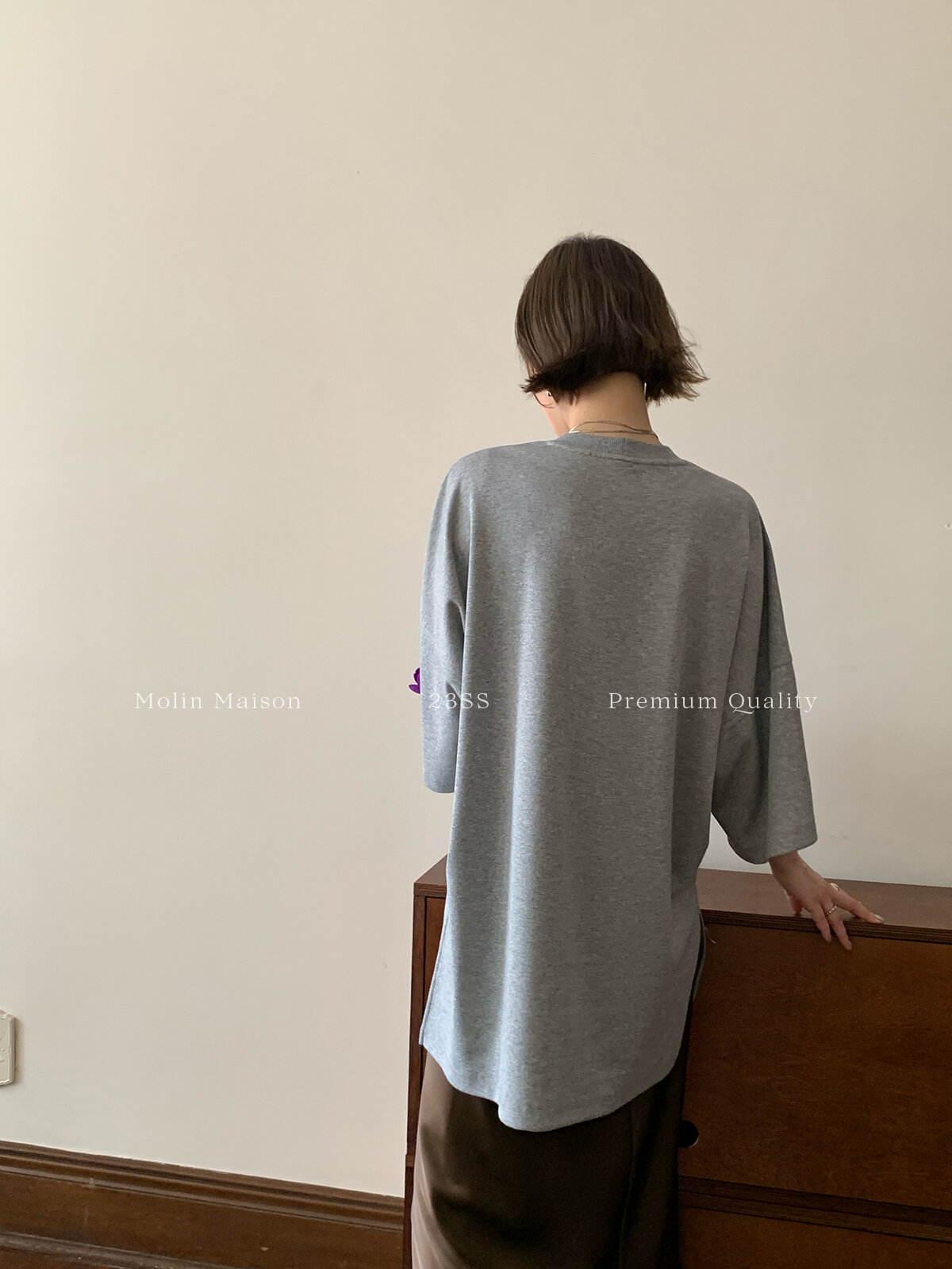 Molin ROW Batwing Sleeve T-Shirt Women's Loose Side Slit Oversize Summer Short Sleeve Cotton Polyester Blend round Neck Top