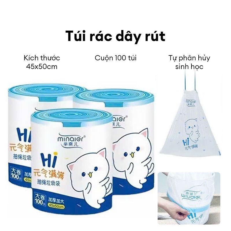 Cuộn 100 Túi Rác Dây Rút Có Quai Xách Sinh Học (45x50cm) - 100 Bao Đựng Rác Tự Phân Hủy Sinh Học Yêu Bếp Nghiện Nhà VNM