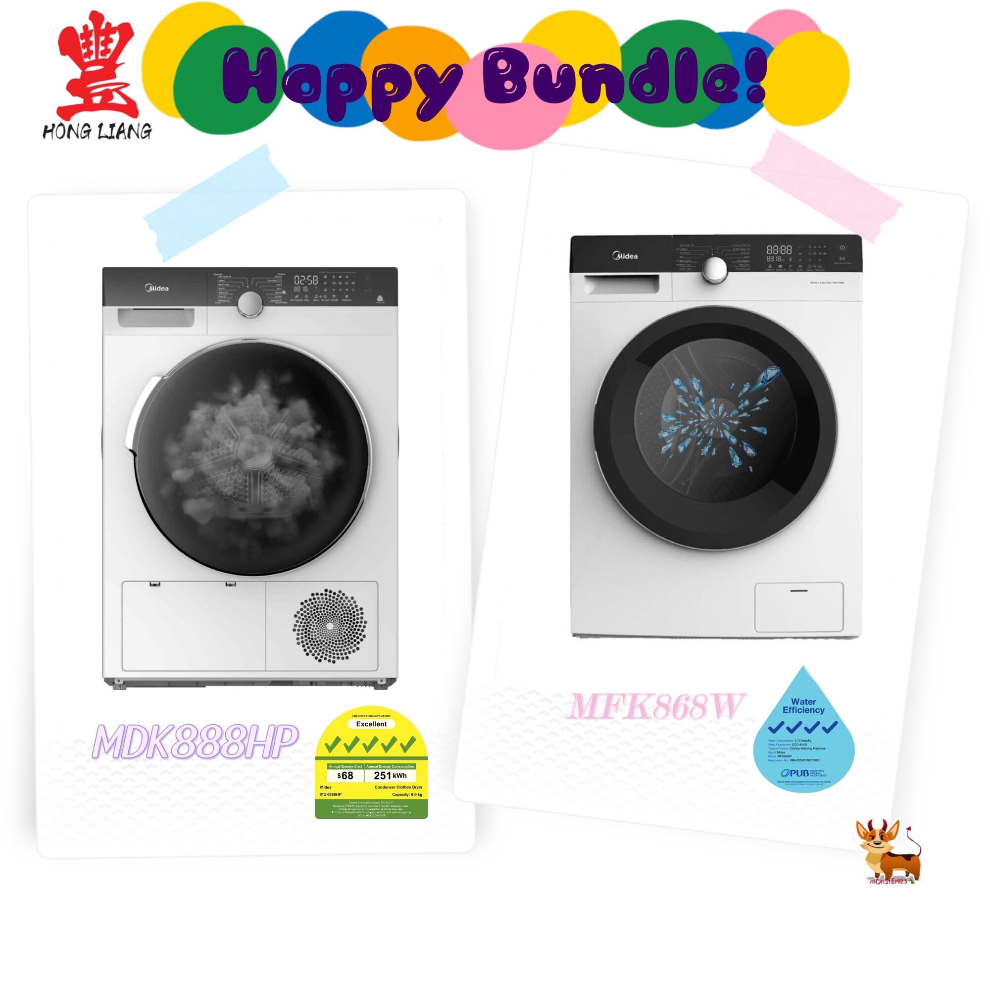 Midea 8kg Combo Front Load Washer (MFK868W) + Heat Pump Dryer (MDK888HP) BUNDLE DEAL! *FREE