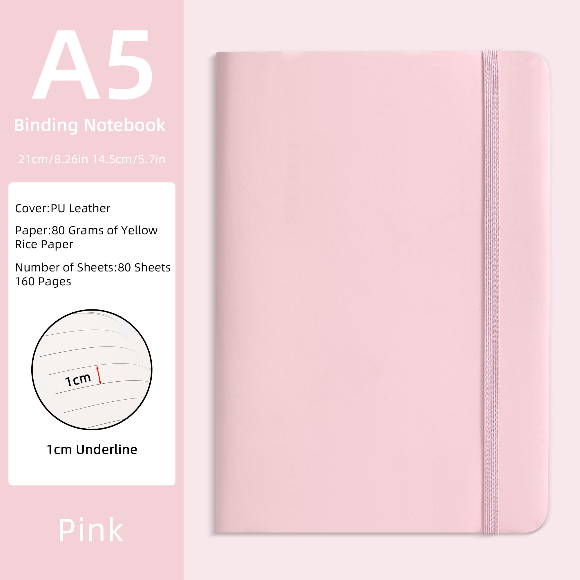 A5 PU Leather Binding Notebook - Purple80 Sheets (160 Pages) 80gsm Yellow RicePaper 1cm Underline Hardcover Journalwith Elast