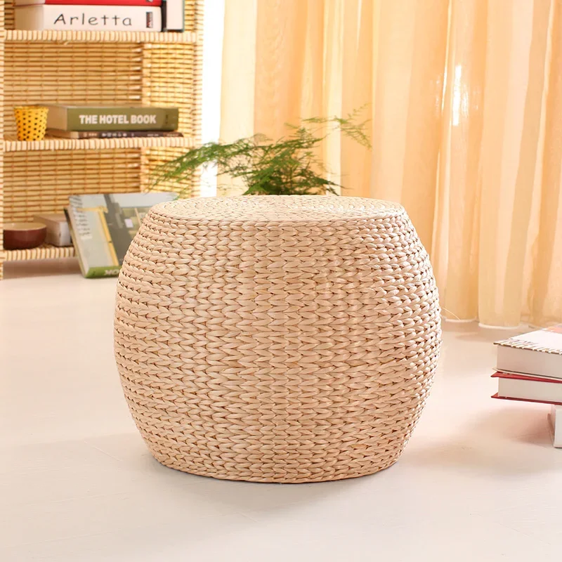 Straw Weaving Sitting Pier Shoe Changing Stool Tatami Round Stool Household Living Room Low Stool Sofa Stool Solid Wood Bench Small Stool Pie