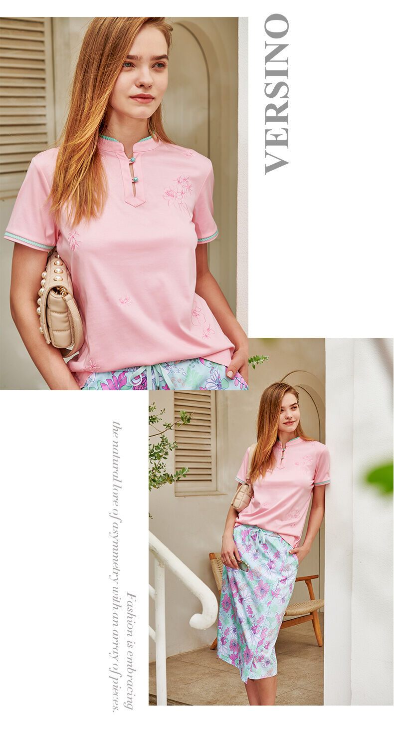 Versino, haftowana koszulka polo z krótkim rękawem w stylu chińskim, damska lato New Arrival, uniwersalna, codzienna bawełniana, smukła krój