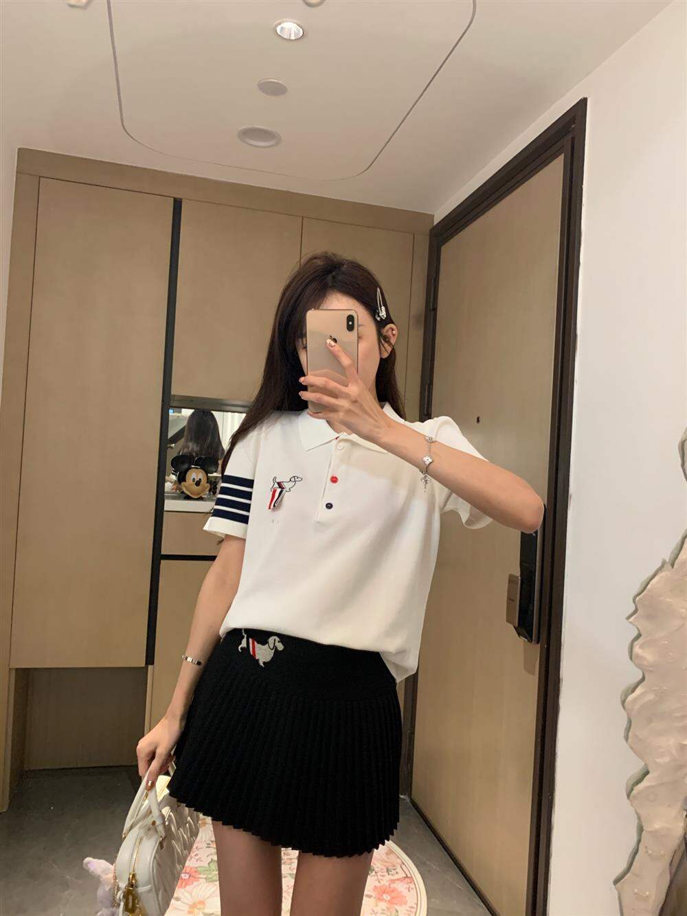 TB Thom Women's Summer Short Sleeve T-shirt with Embroidered Dog Cartoon and POLO Collar Slim Fit Regular Thickness for 18-24 Years Old