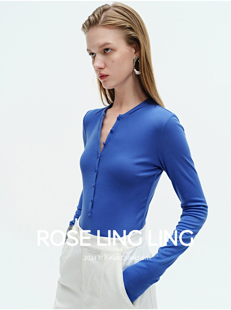 RoseLingLing Ultra-Fine Australian Silk Wool Blend Slimming Knit T-Shirt with Henley Collar for Women Casual Summer Style
