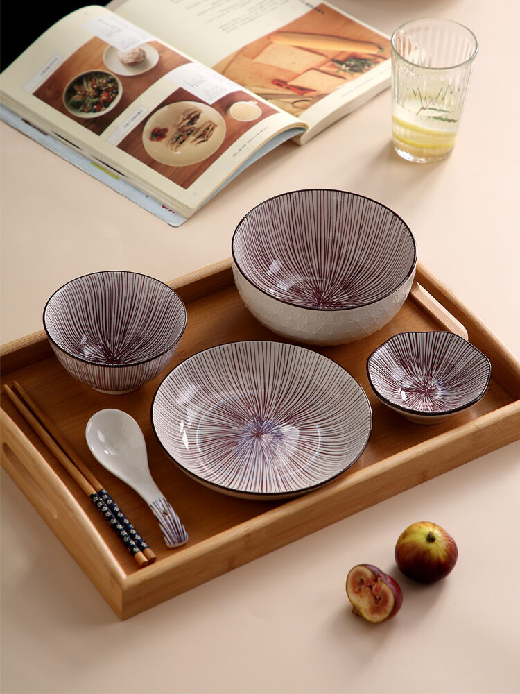 Japanese Tableware Set - Acacia Wood & Ceramic Bowls, Plates