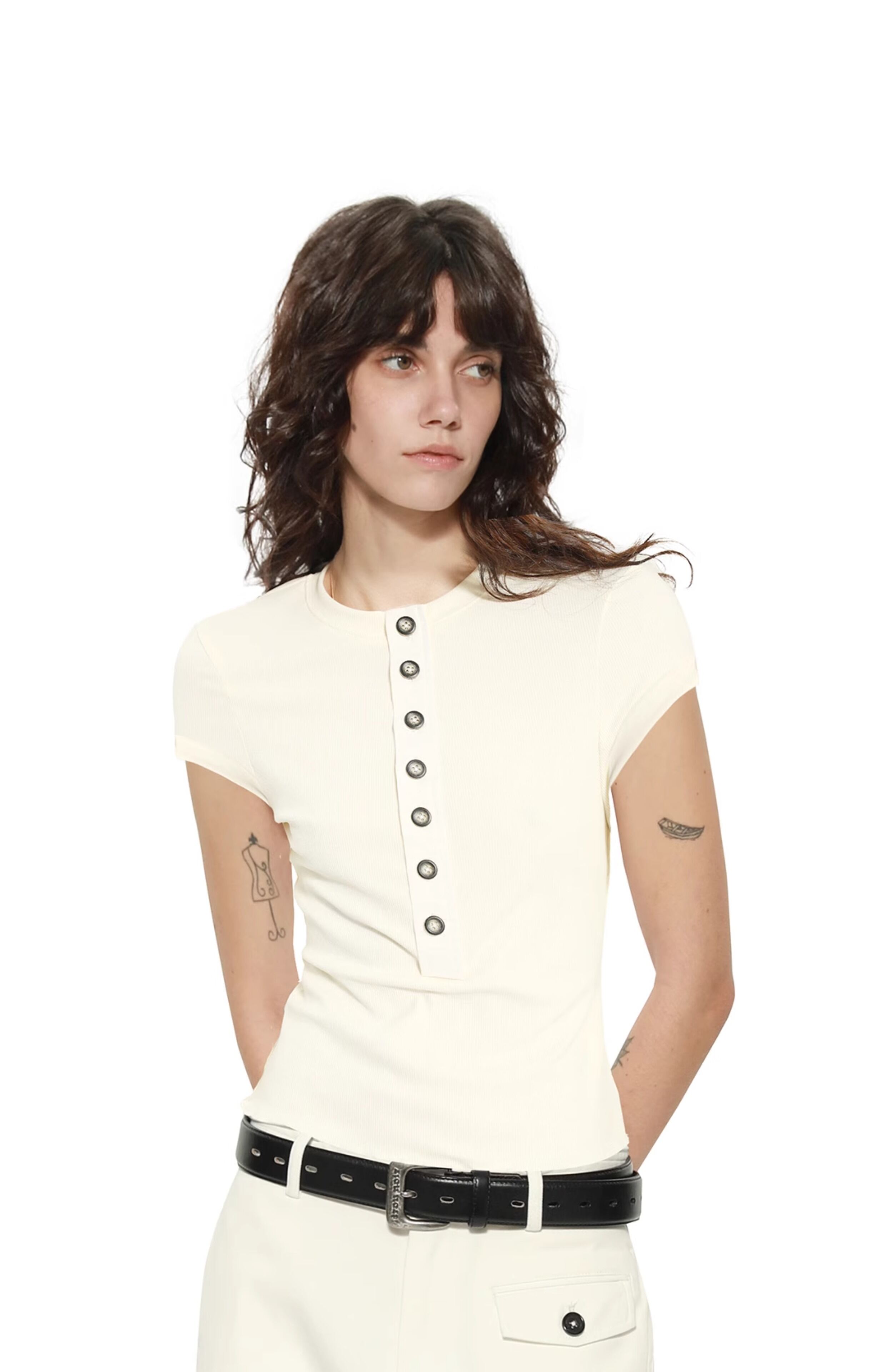 TROU NOIR Spring Summer New Style Women's Slim Fit White T-Shirt Henry Collar Short Sleeve Base Shirt round Neck Commute Simple · v3