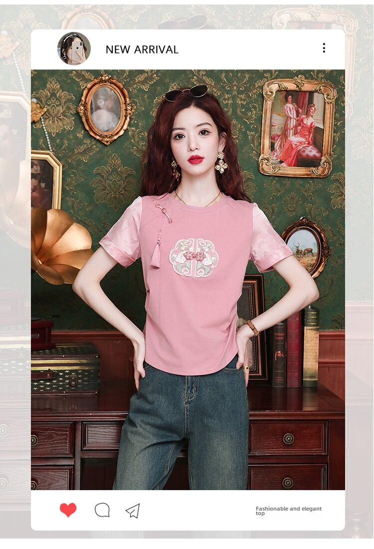 New Summer Chinese Style Women's Loose Fit Short Sleeve T-Shirt Embroidered Slimming Top Trendy round Neck Cotton Casual Wear · v3