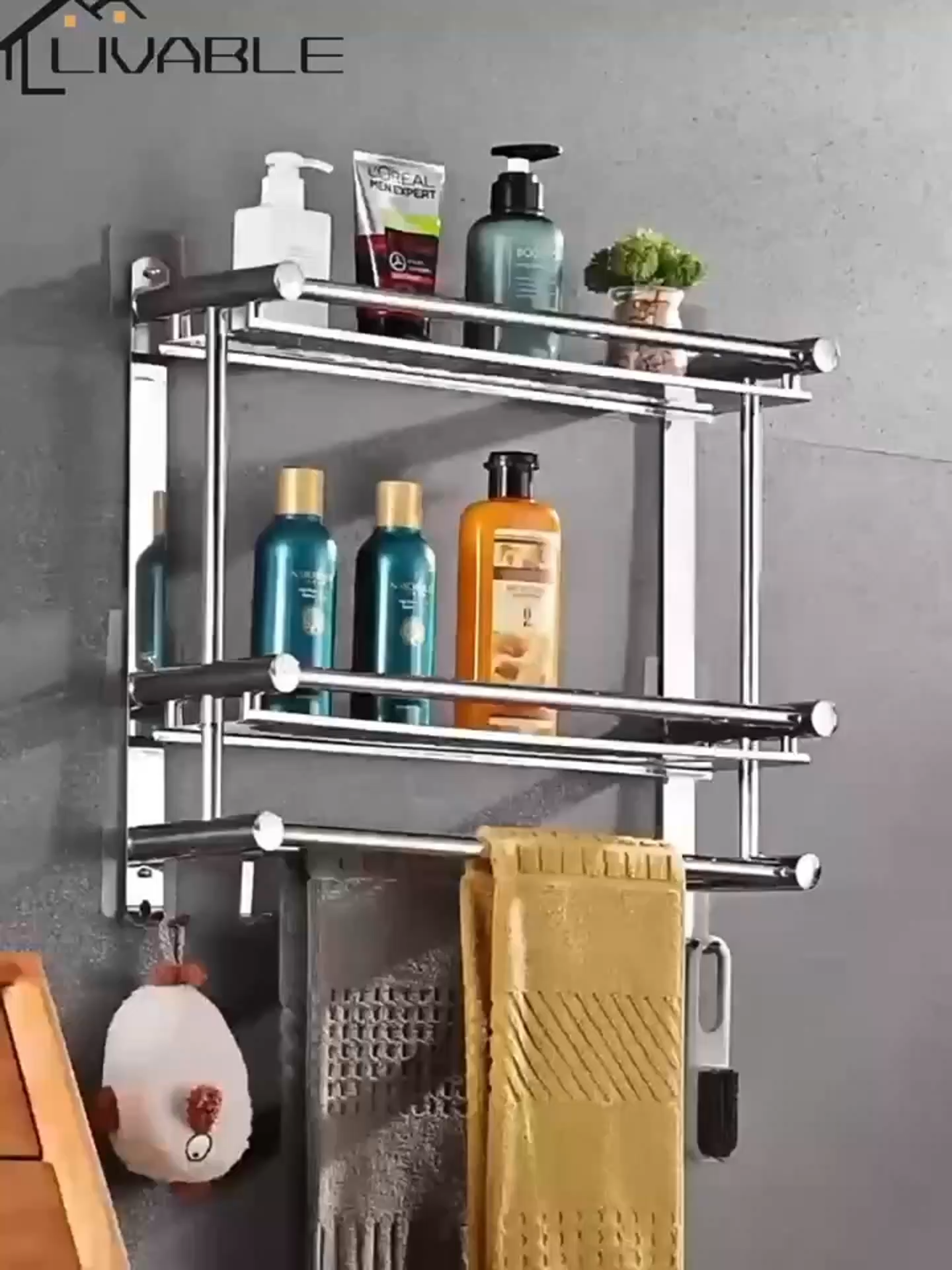 LIVABLE Bathroom Rack Stainless Steel Towel Rack Wall Mounted Space ...