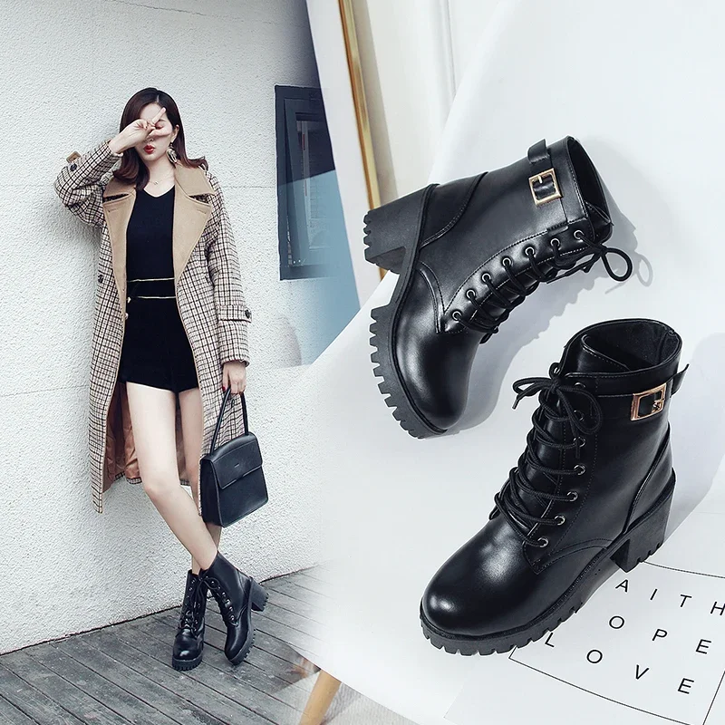 Mid-Calf Boots for Women Platform Martin Boots Female British Ankle Boots Female High Heel Boots Korean-style All-Matching Women's Boots Spring and Autumn Boots