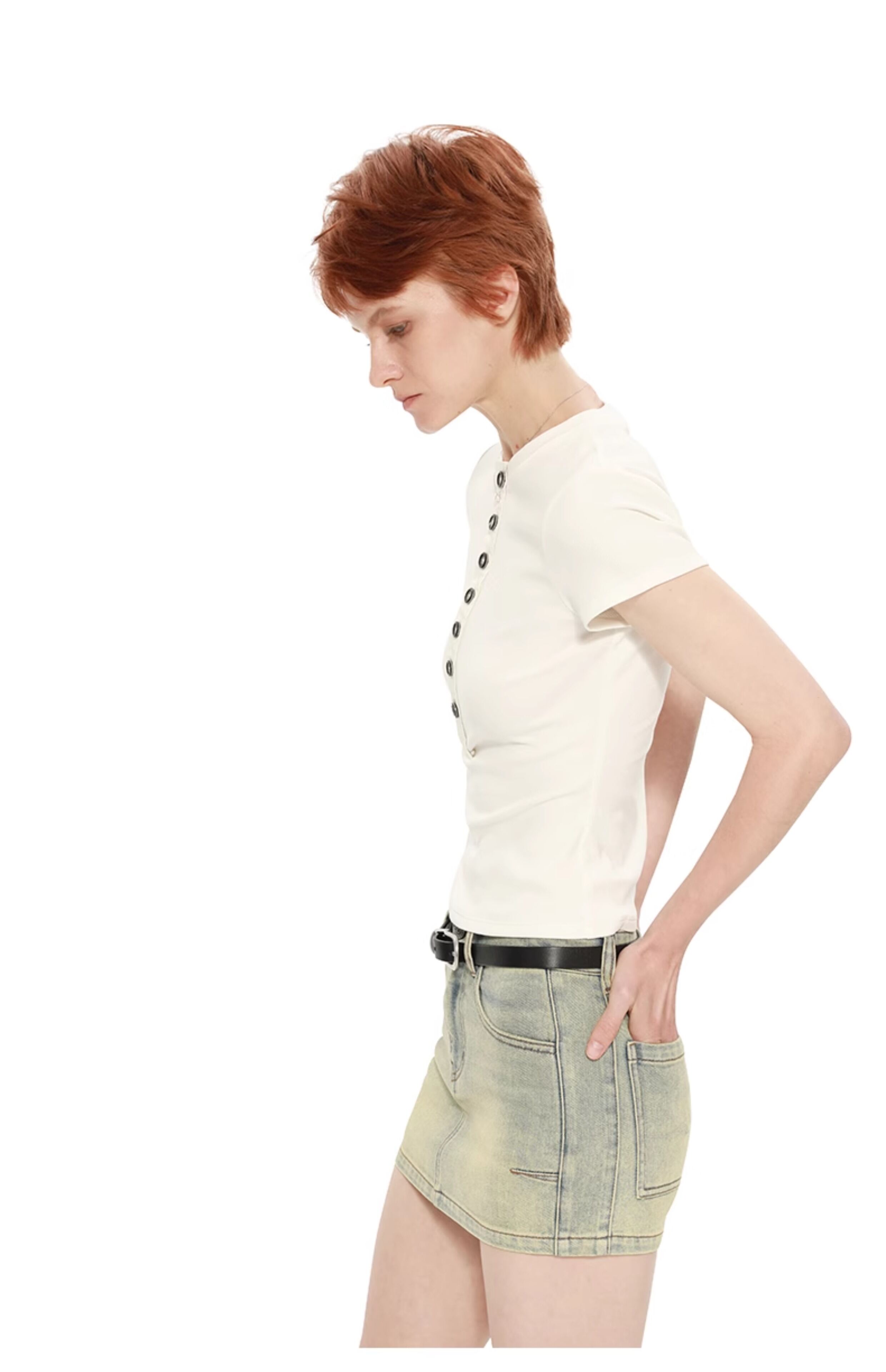 TROU NOIR Spring Summer New Style Women's Slim Fit White T-Shirt Henry Collar Short Sleeve Base Shirt round Neck Commute Simple · v3