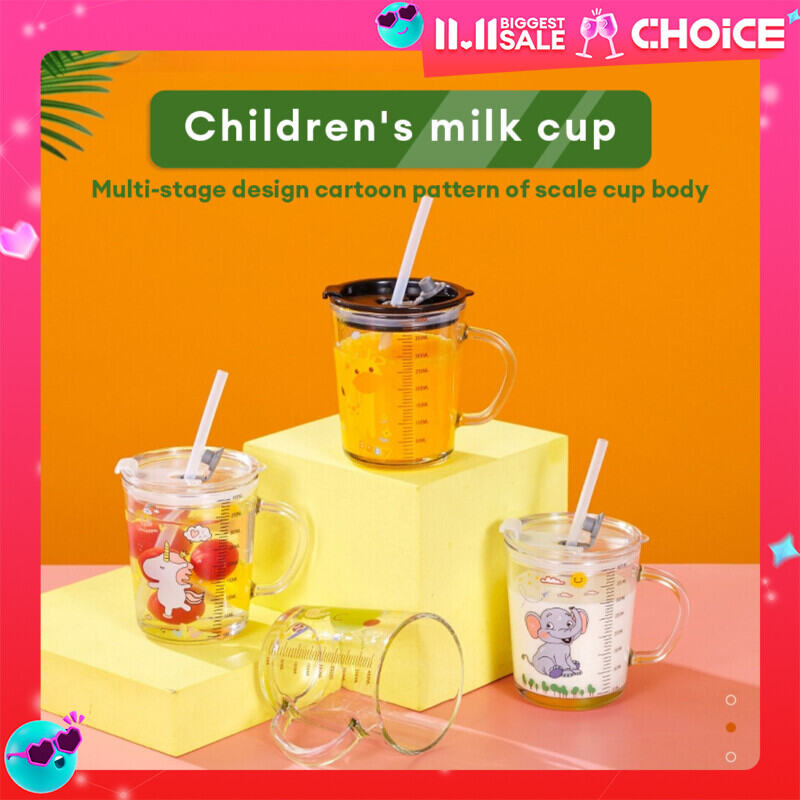 【Local sellers fast shipping】400ml Kids Milk Cup With Straw Water Cup Children's Scale Milk Cup Baby Glass Cup With Handle