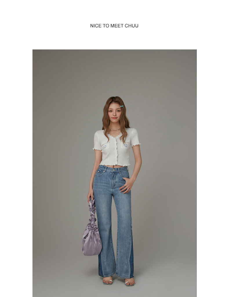Chuu Butterfly Knot Embroidery Short Sleeve T-Shirt Women's New Summer Spicy Hollow out Ear Short Top Korean Style Cotton V-neck