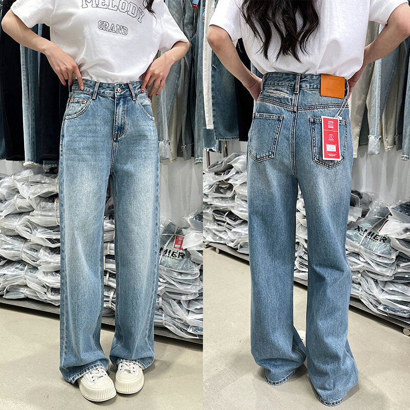 American Style Vintage Blue High Waist Wide Leg Jeans Women Loose Slim Straight Long Pants X-mier Denim Trousers for Ladies · v2