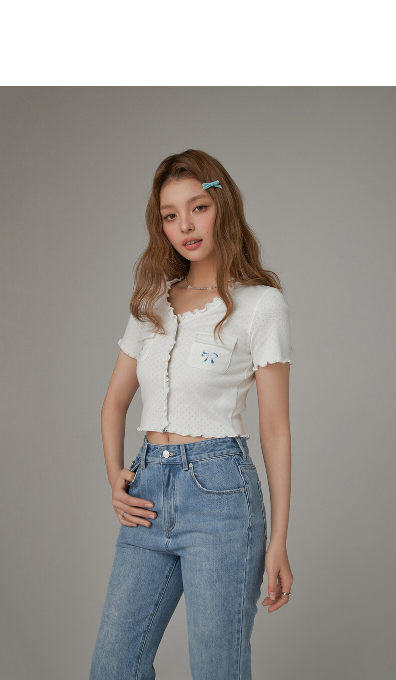 Chuu Butterfly Knot Embroidery Short Sleeve T-Shirt Women's New Summer Spicy Hollow out Ear Short Top Korean Style Cotton V-neck