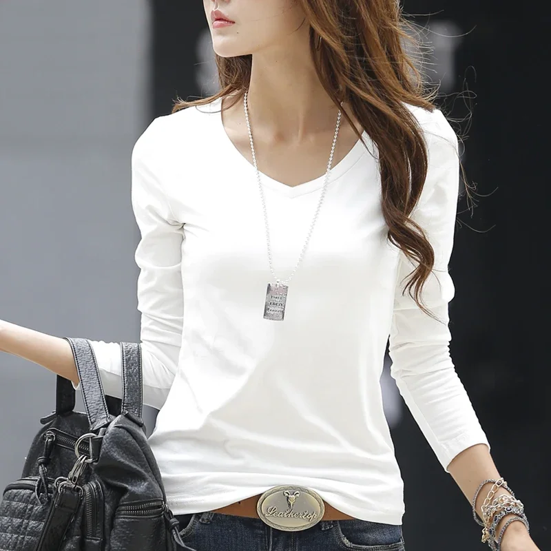 Solid Color Fall V-neck White Long Sleeve T-shirt Women's Clothing Cotton Simple Bottoming Shirt Slim-Fitting T-shirt Korean-style Small Shirt Top
