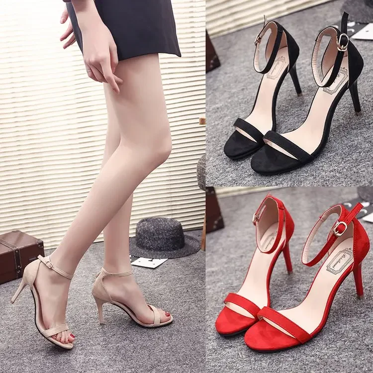 European and American 2021 Summer New Ankle-Strap Buckle Stiletto Sandals Women's Black High Heels Suede All-Matching Open Toe Women's Shoes