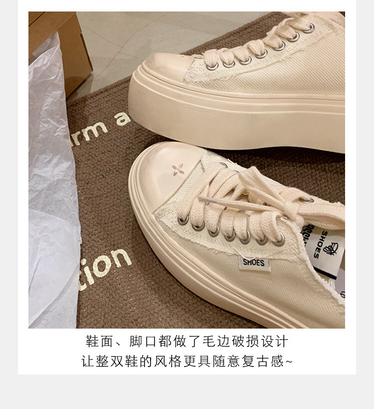 Women's Low Top round Toe Laced Canvas Shoes Thick Bottom Cross Pattern White Sneakers Worn in Dirty Looking Shoes · v11