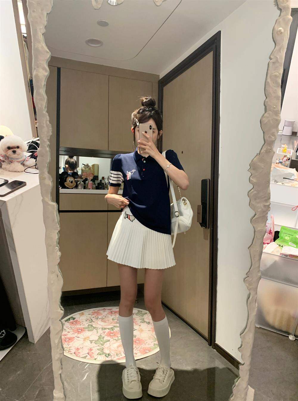 TB Thom Women's Summer Short Sleeve T-shirt with Embroidered Dog Cartoon and POLO Collar Slim Fit Regular Thickness for 18-24 Years Old