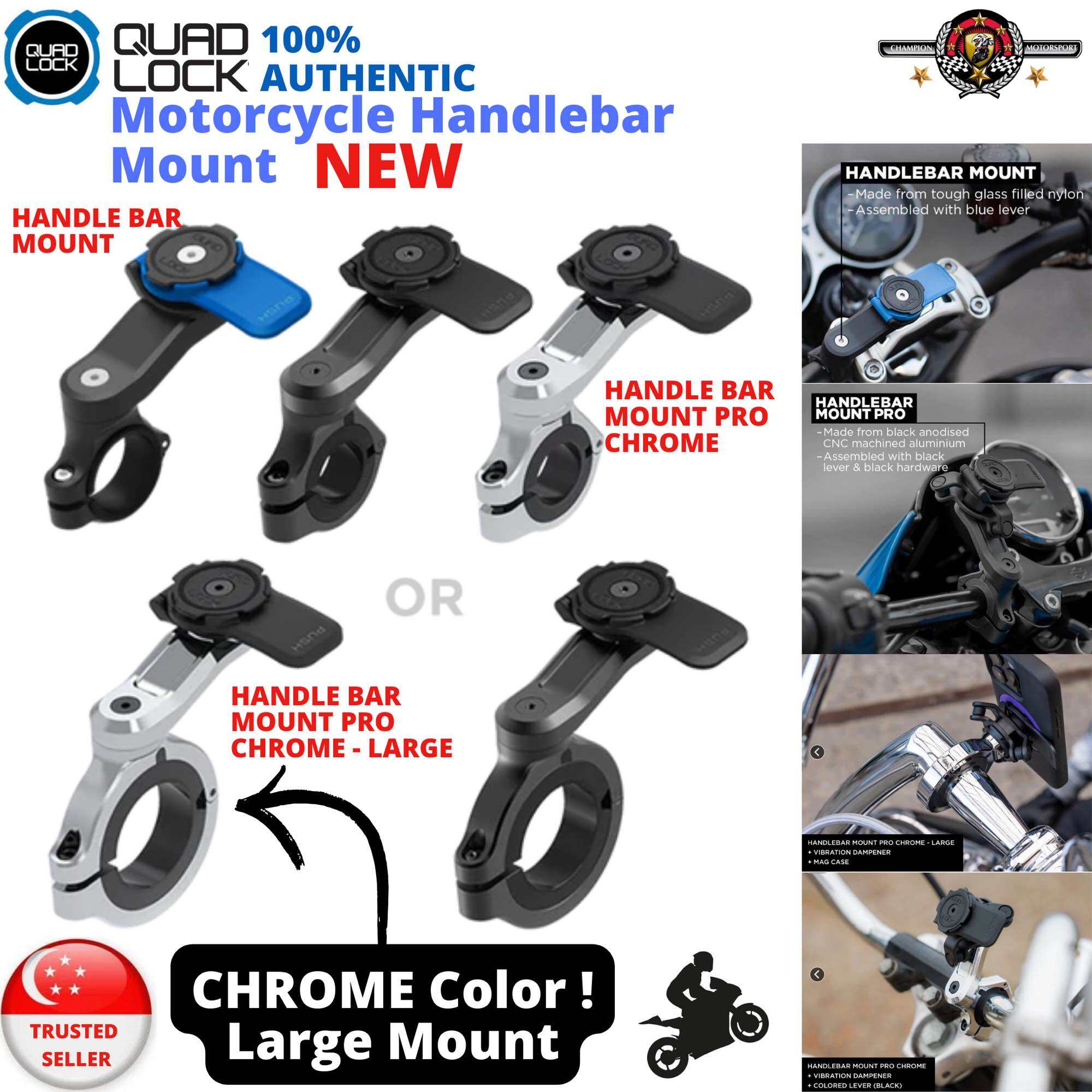 Quad Lock Motorcycle Handlebar Mount Pro Chrome / Handlebar Mount/ Handlebar Mount Large