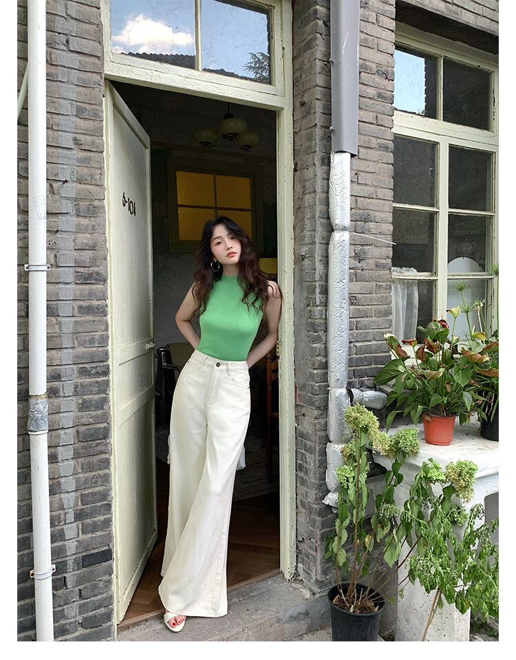Wine Noon [Xixi] Hong Kong Style Retro Autumn High Waist Slim-Fit Wide-Legged Pants Micro-La Mop Pants White Denim Female · v2